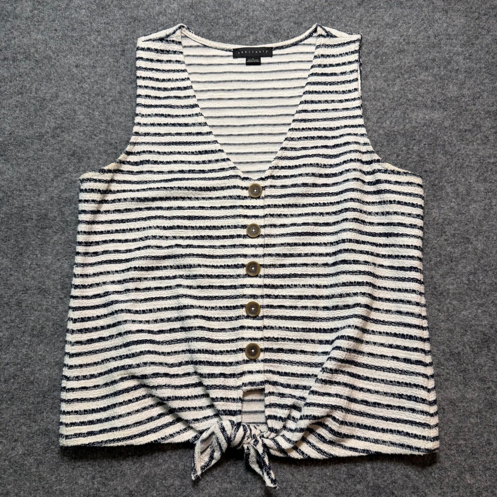 SANCTUARY Striped Button Front Tank Top Sleeveless Tie Hem Nautical Navy White L